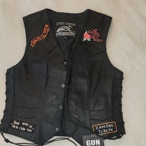Women's Black Leather Vest with Embroidered Patches